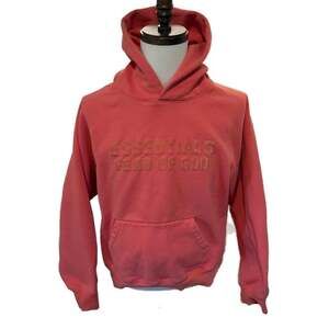 Fear of God Essentials Coral Pink Logo Hoodie, Size Large- Streetwear Pullover